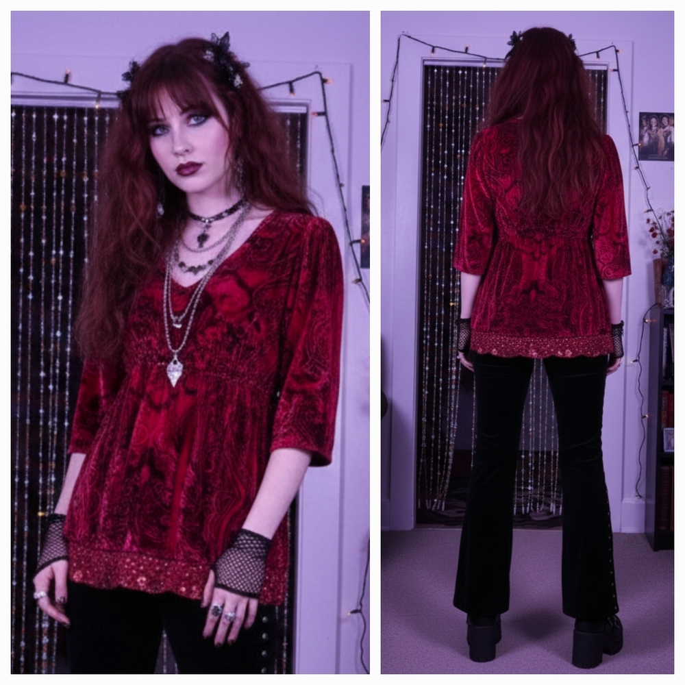 Energe M Vintage Y2K Whimsigoth Dark Romantic Fairy Grunge Velvet Babydoll Tunic - Picture 5 of 14